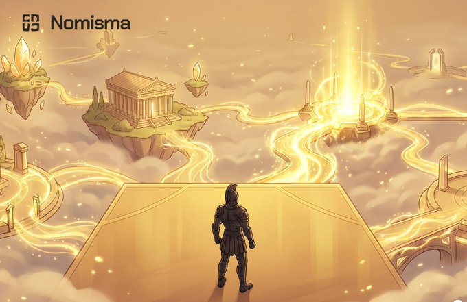 Fantasy digital artwork branded 'Nomisma' showing an armored figure standing on a golden platform overlooking floating islands, classical temples, and glowing golden paths in a heavenly sky.