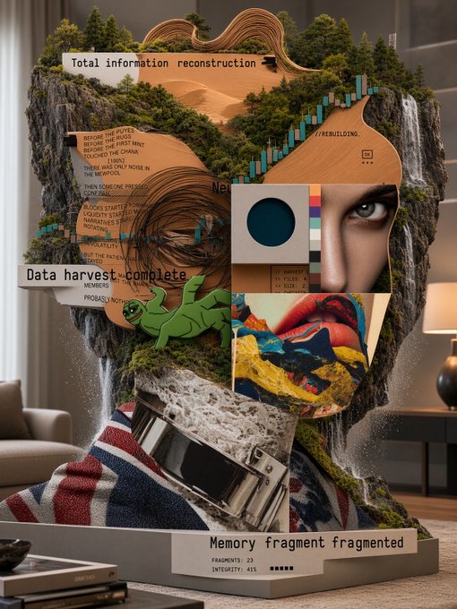 A surreal digital collage of a fragmented head composed of a rocky mountain, text snippets reading 'Total information reconstruction', 'Data harvest complete', and 'Memory fragment fragmented', an eye, and abstract artwork.