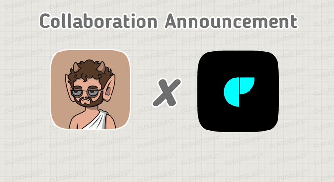 A "Collaboration Announcement" graphic featuring a cartoon Faunz character (with horns, sunglasses, and a beard) alongside a teal "P" logo on a black background, separated by an "x" symbol, promoting the free mint of 1,111 Faunz NFTs on the Ethereum chain via Cloud Quest.