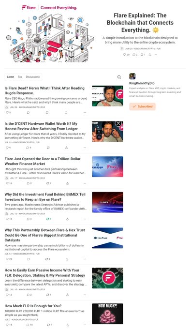 The image shows a Substack profile page for "KingKaranCrypto," featuring an article titled "Flare Explained: The Blockchain that Connects Everything" along with a list of recent posts covering topics like Flare DeFi, Ledger wallet reviews, DEX trading, BitMEX co-founder investment strategies, and FLR staking strategies, with a noted subscriber count of 500+. The page highlights the creator's milestone of being the first Flare-focused Substack account, directly supporting their post about launching their Substack to share Flare research, strategy, and educational content with growing readership.