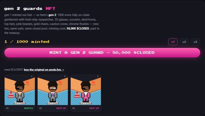A webpage for 'gen 2 guards NFT' showing that 1 of 1000 has been minted, with a pink button reading 'MINT A GEN 2 GUARD - 50,000 $CLOSED' and pixel art previews of three guard characters below.