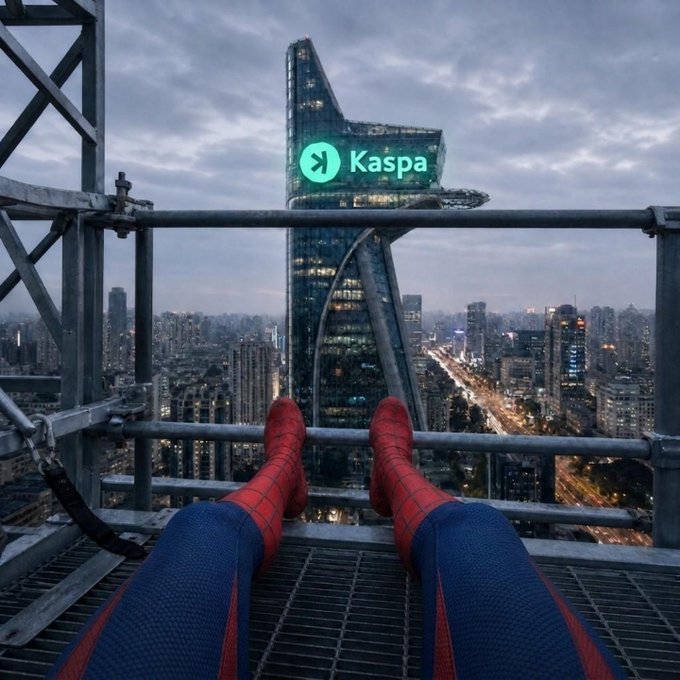 Spider-Man sits atop a high-rise overlooking a sprawling cityscape, with the "Kaspa" logo displayed on a prominent building—symbolically portraying $KAS as a dominant, high-reaching force in the crypto skyline.