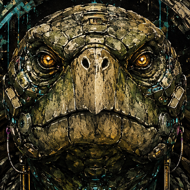 A detailed, stylized digital illustration of a cybernetic turtle with glowing golden eyes and metallic/technological elements integrated into its textured shell and skin.