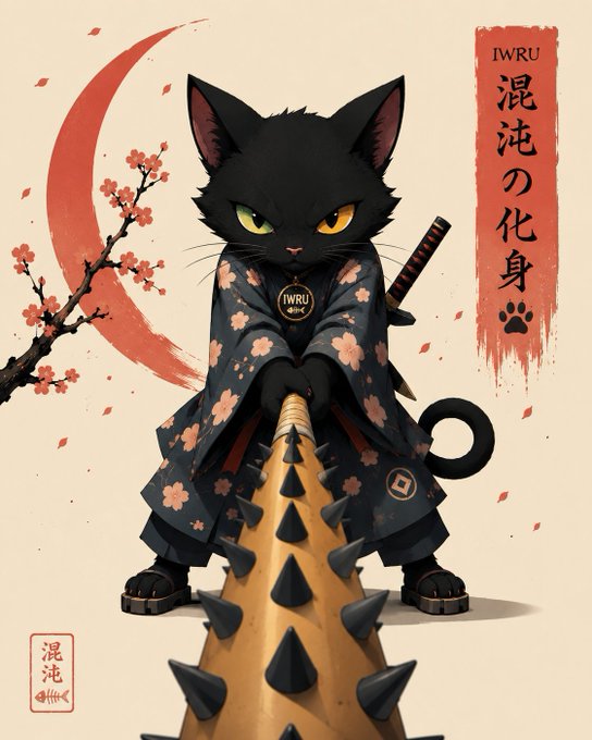 A black cat samurai in floral robes wields a spiked club against a backdrop of cherry blossoms and a red crescent moon, with "IWRU" and Japanese-style characters reading "混沌の化身" (Incarnation of Chaos) alongside a paw print, embodying the post's theme of a legendary Chaos Cat warrior.