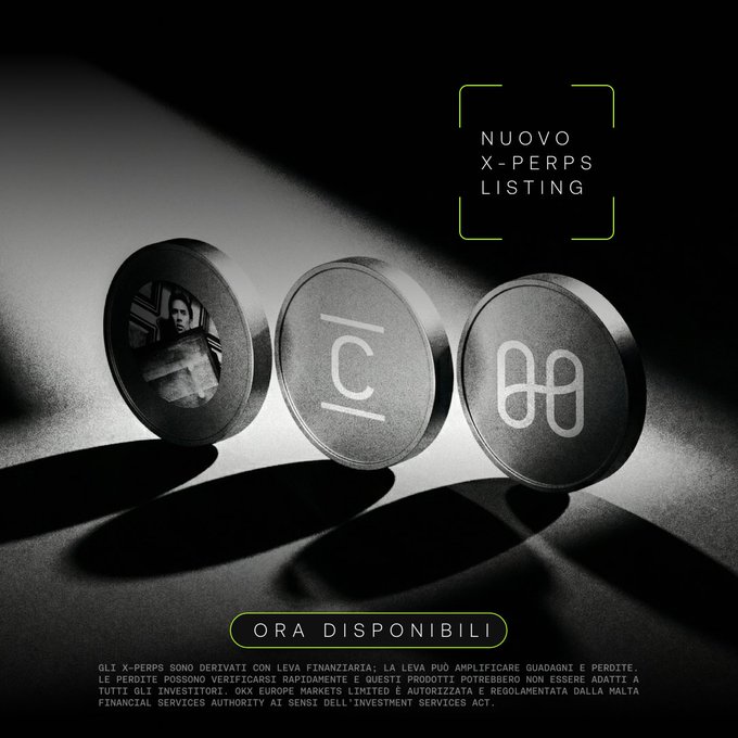 A dark promotional advertisement shows three metallic coins featuring logos and a face, with text reading "NUOVO X-PERPS LISTING" and "ORA DISPONIBILI" along with regulatory disclaimers.