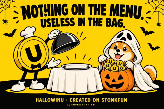 A Halloween-themed community fan art image with the text 'NOTHING ON THE MENU. USELESS IN THE BAG.' featuring a coin mascot chef revealing an empty plate and a dog in a ghost costume holding a pumpkin filled with 'U' tokens, branded as 'HALLOWINU' by StonkFun.
