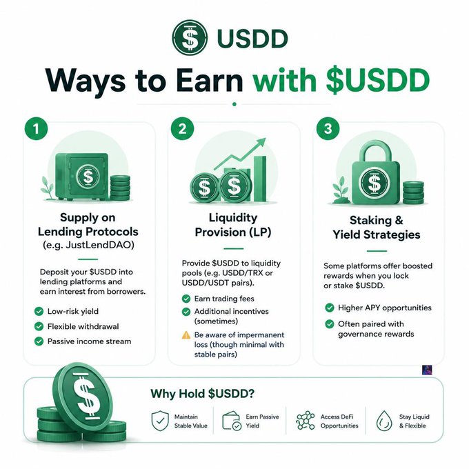 An infographic titled "Ways to Earn with $USDD" outlines three strategies: (1) Supply on Lending Protocols like JustLendDAO for low-risk yield, (2) Liquidity Provision (LP) by providing $USDD to pools such as USDD/TRX or USDD/USDT for trading fees, and (3) Staking & Yield Strategies for boosted APY and governance rewards, with a footer noting reasons to "Hold $USDD" (stable value, passive yield, DeFi access, liquidity)—complementing the post's guide to acquiring $USDD and using JustLendDAO via a TRON-compatible wallet.