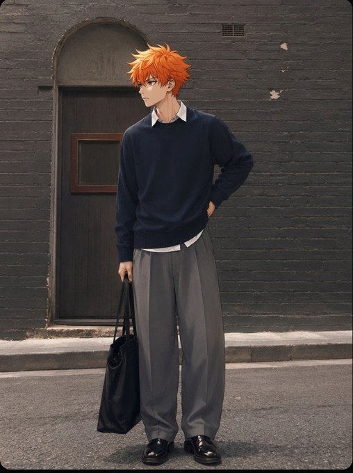 An anime-style illustration of a young man with spiky orange hair, wearing a navy sweater over a white collared shirt, grey trousers, and holding a black tote bag.