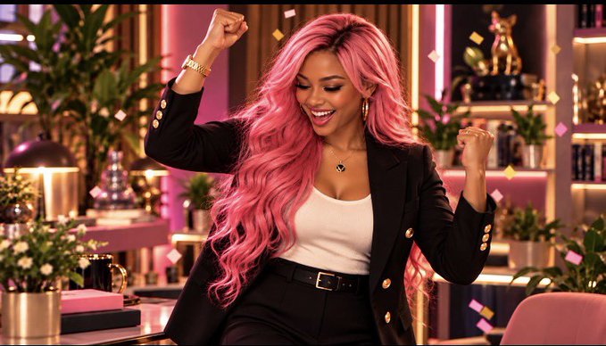A woman with long bright pink hair wearing a black blazer celebrates enthusiastically amid falling confetti in a warmly lit room.