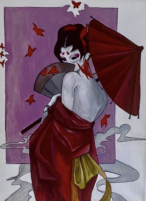 A traditional-style painting of a woman with a red parasol and red kimono, set against a purple background with red butterflies floating around her.