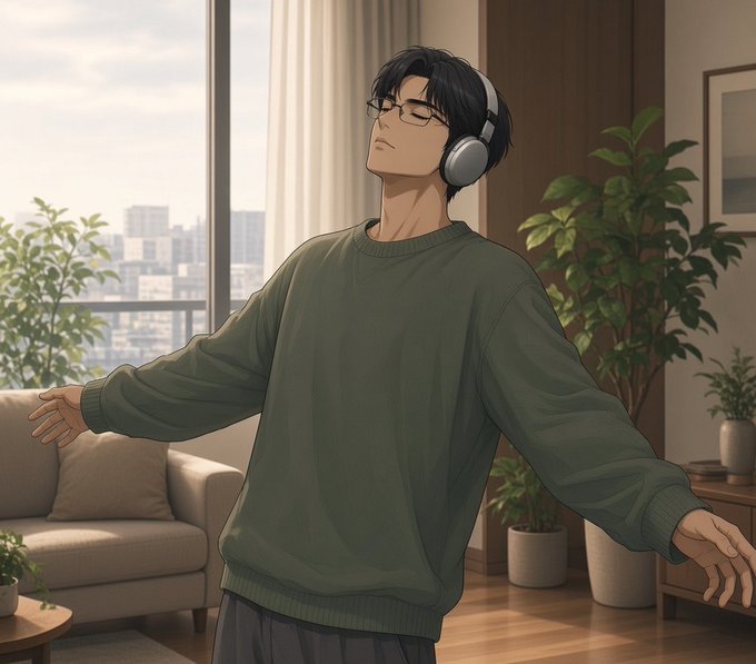 An anime-style illustration of a young man with black hair and glasses wearing headphones and a dark green oversized sweater. He stands in a modern apartment with his arms slightly outstretched, with a window showing a city view, plants, and a sofa in the background.