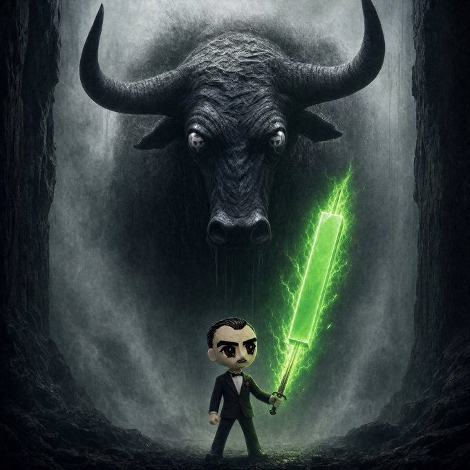 A small bobblehead figure in a suit wields a glowing green sword against a massive shadowy bull with piercing eyes, symbolizing the bullish surge in the $ANSEM memecoin ecosystem as traders transition from skeptics to believers.