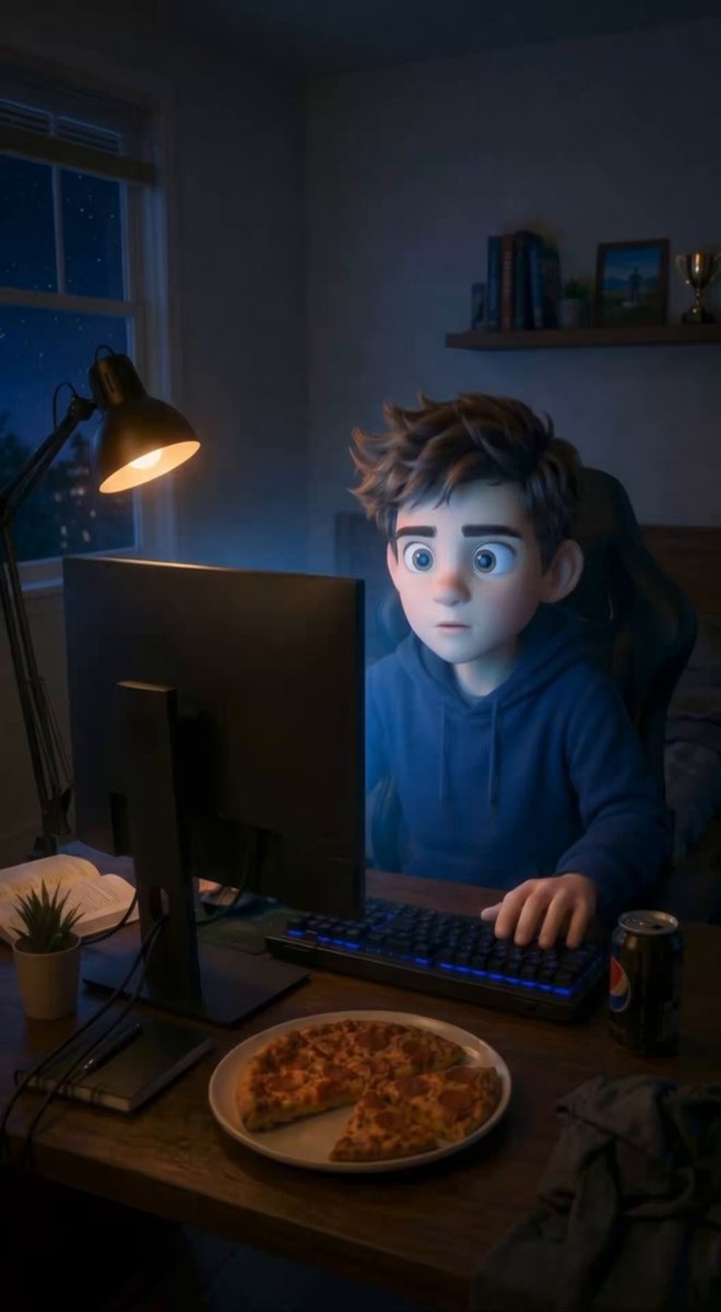 The image features a cartoon boy sitting at a desk with a computer monitor, keyboard, and mouse. On the desk, there's also a pizza placed near the edge of the table. The caption for this image includes advice from an old sea dog, which is likely meant as a humorous or playful response to the post about following the #whales @prlnet $PRL #memecoin.