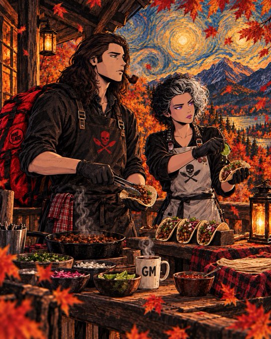 Two tattooed chefs prepare tacos under a Van Gogh–style autumn sky, with a coffee mug labeled "GM" sitting on the table between bowls of fillings and garnishes. The "GM" mug and taco imagery tie directly to the post's "Good Morning / Happy Taco Tuesday" greeting, while the skull aprons echo the edgy "Fock it" sentiment.