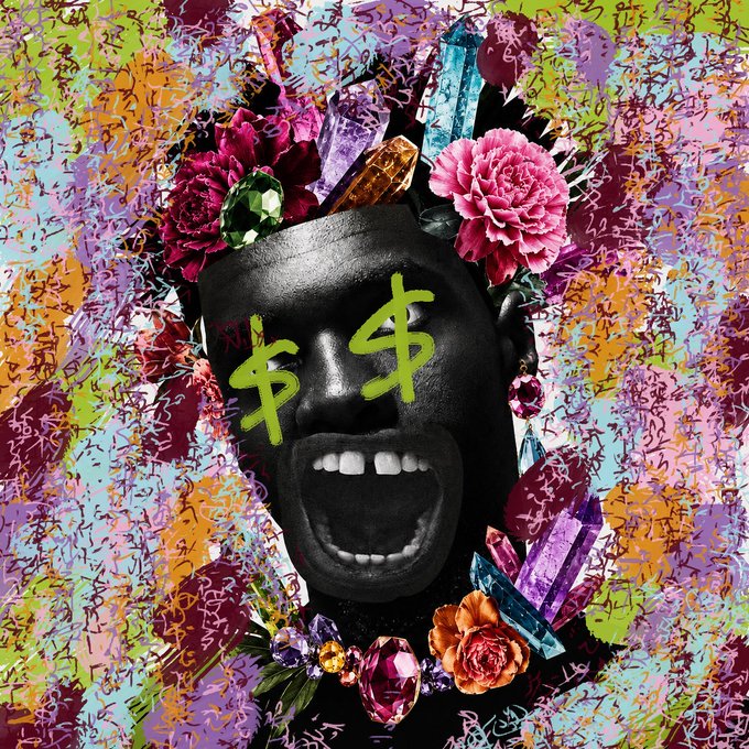 A vibrant artistic image featuring a black-and-white screaming face with green dollar signs over the eyes, decorated with colorful flowers and gemstones against a graffiti-style background.