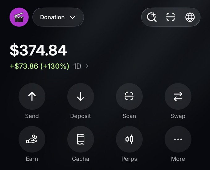 A crypto wallet dashboard displays a balance of $374.84 with a +130% gain over 1 day, featuring action buttons for Send, Deposit, Scan, Swap, Earn, Gacha, Perps, and More. The image shows the "Donation" account referenced in the post, visualizing the modest but significant progress toward the $14,600 fundraising goal mentioned.
