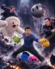 A promotional movie poster featuring a man wielding glowing green and yellow weapons alongside characters, with a large white yeti and a floating robot head in the background.