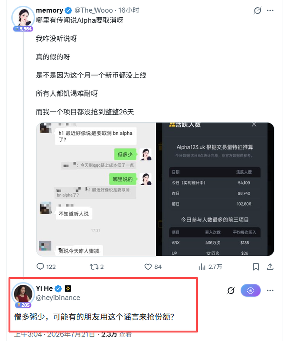 A screenshot of Chinese social media posts discussing rumors about 'bn alpha', with a highlighted tweet from user 'Yi He @heyibinance' reading '借多粥少，可能有的朋友用这个谣言来抢份额？' (Too little porridge to borrow, maybe some friends used this rumor to grab share?).