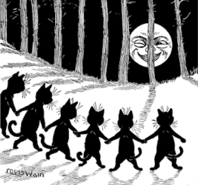 A black and white illustration titled 'NIGHT MARCH' by Louis Wain showing a procession of silhouetted cats holding hands and walking in a line through a forest under a smiling full moon.