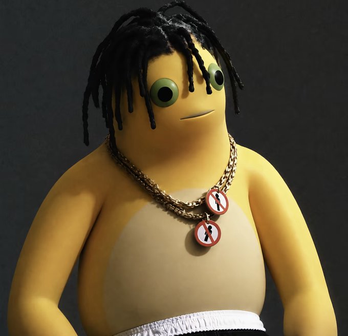 A 3D rendered character with yellow skin, black dreadlocks, and googly eyes, wearing layered gold chains with red circular pendants displaying 'no entry' symbols against a person silhouette, over a light-colored tank top.