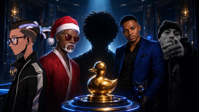 A stylized group image featuring five diverse male characters in an ornate, dramatic interior setting, with a glowing golden duck statue on a circular pedestal in the center foreground.