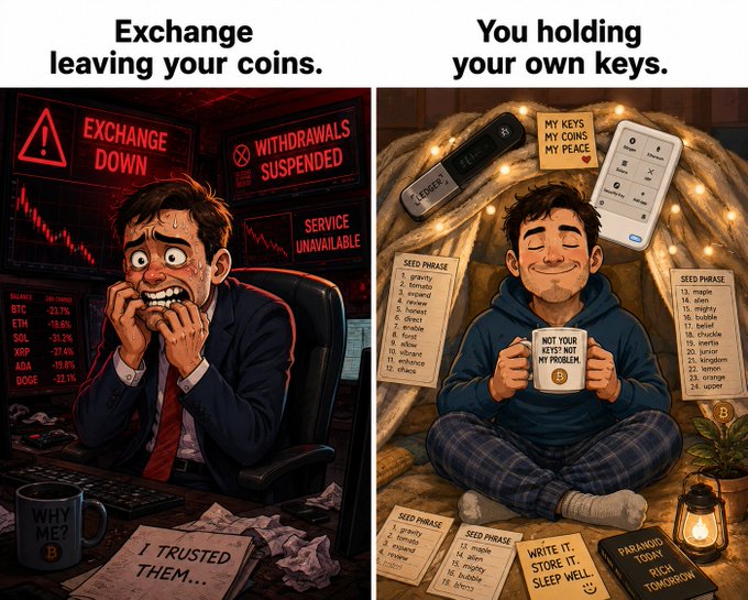 A comparison meme contrasting "Exchange leaving your coins" showing a panicked man at a crashing market with "You holding your own keys" showing a calm man with seed phrases and a hardware wallet.
