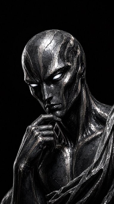 A dark, metallic figure with glowing white eyes, featuring a cracked and weathered chrome-like surface, posed thoughtfully with its hand near its chin.