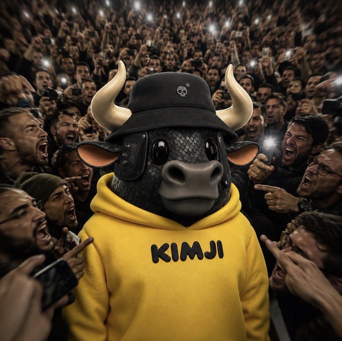 A 3D-rendered character wearing a black bull mask, black cap with a skull, and yellow hoodie labeled 'KIMJI' stands amid an aggressive crowd pointing and shouting.