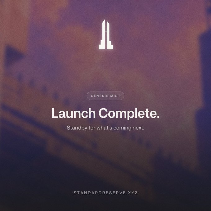 A promotional graphic features a rocket logo with the text "GENESIS MINT" and "Launch Complete. Standby for what's coming next." along with the website "STANDARDRESERVE.XYZ".