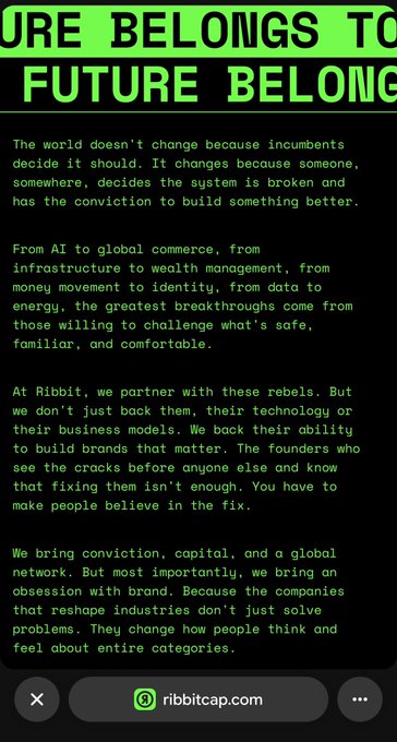 A promotional graphic for 'ribbitcap.com' titled 'FUTURE BELONGS TO' with a manifesto about backing founders who challenge the system across AI, commerce, and infrastructure.