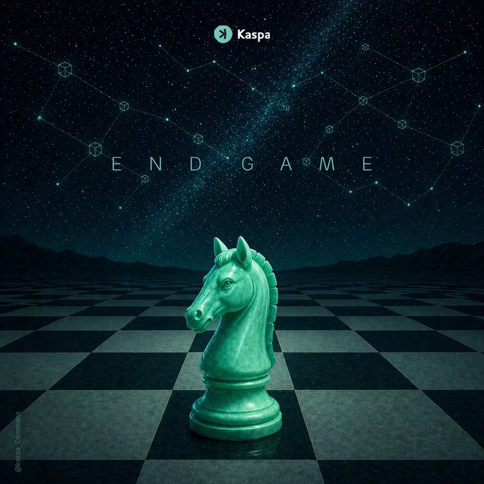 A Kaspa "ENDGAME" promotional image features a green chess knight piece on a checkered board against a starry night sky with constellation-like geometric patterns.