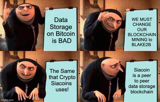 A four-panel Gru's plan meme where Gru advocates changing blockchain mining to BLAKE2B, claiming that Siacoin uses the same crypto and is a peer-to-peer data storage blockchain.
