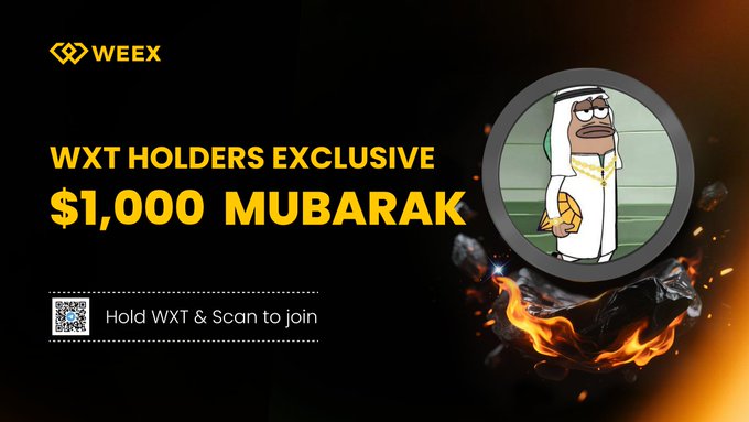 WEEX promotional banner offering WXT holders an exclusive $1,000 MUBARAK giveaway with a QR code to 'Hold WXT & Scan to join' alongside a meme character graphic.