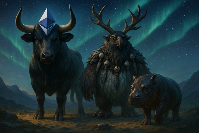 A digital artwork depicts three dark, fantastical creatures—a bull with an Ethereum logo on its forehead, a horned owl-like bird, and a hippo—standing against a night sky with auroras.