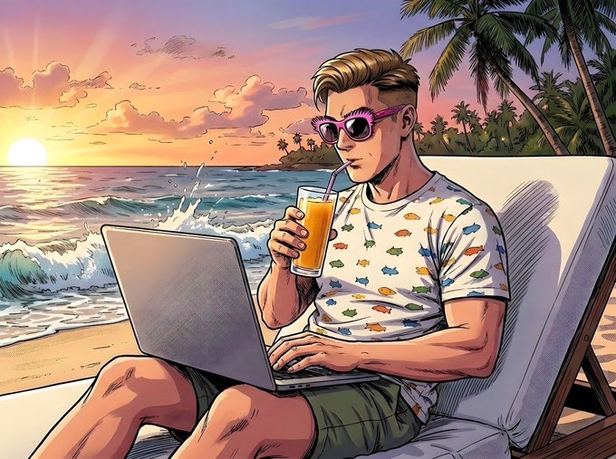 A comic-style illustration of a man with sunglasses relaxing on a beach lounge chair, drinking orange juice while working on a laptop at sunset with palm trees and ocean waves in the background.