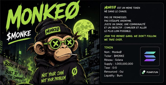 Promotional poster for the meme token $MONKE (Monke0), described as born in chaos and built by the community, with a Solana network supply of 1,000,000,000 tokens, zero tax, renounced ownership, and burn liquidity, available via Pump.fun.