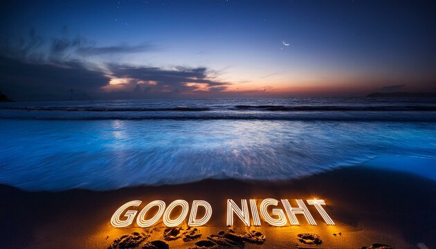 A serene beach at twilight features gentle waves beneath a sky transitioning from sunset to starry night, with the glowing message "GOOD NIGHT" written in the sand. The peaceful scene complements the post's restful sign-off after sharing highlights from the CNPYNetwork ecosystem.