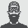 A small pixel-art icon of a person wearing checkered/LED shutter-style glasses, rendered in grayscale.