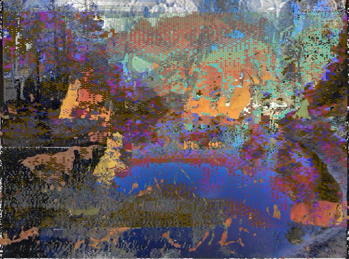 The image is a heavily pixelated, glitch-like abstract composition with overlapping textures in blue, orange, brown, and teal tones, resembling a distorted digital landscape or corrupted scene. It relates to the accompanying post "Gm New Dawn 50 tez," suggesting a crypto/NFT context where the chaotic, sunrise-evoking colors and digital artifacts align with the "New Dawn" theme of a fresh, fragmented dawn in a decentralized web3 space.