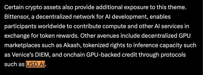 A text excerpt discussing crypto assets for AI exposure, mentioning Bittensor, Akash, Venice's DIEM, and the token 'USD.AI'.