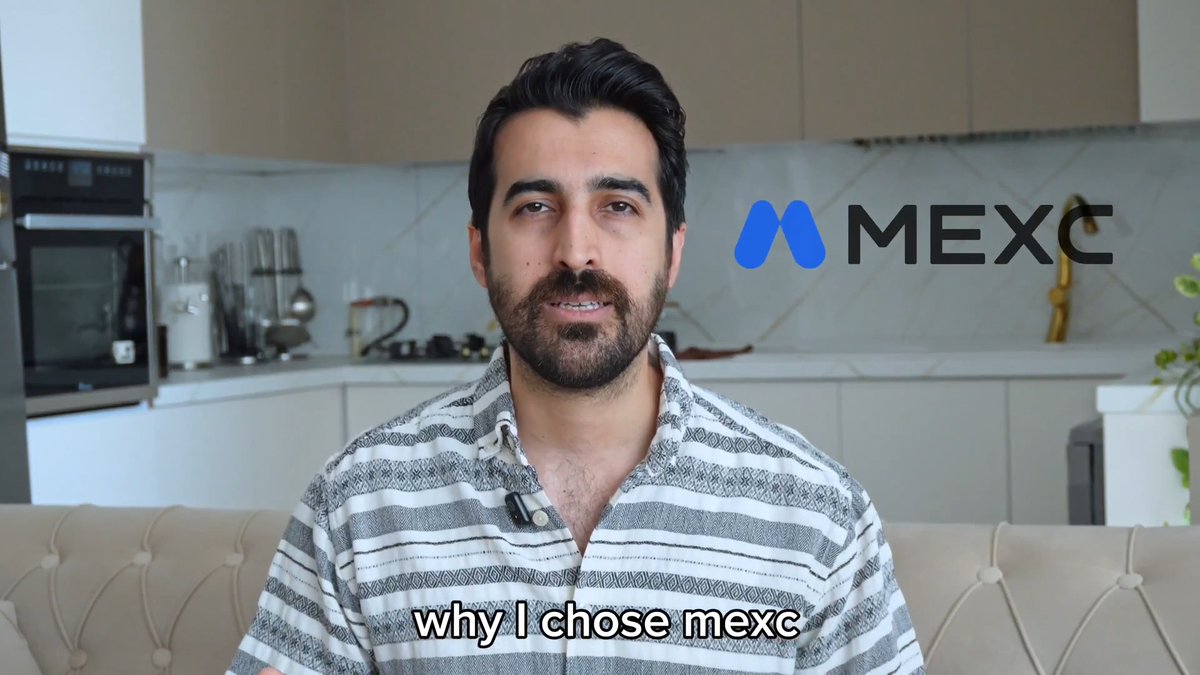 A man with a beard in a striped shirt speaking to the camera in a modern kitchen, with the MEXC logo on the right and the caption 'why I chose mexc' at the bottom.