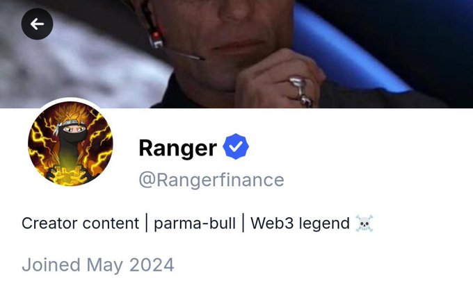 A Twitter/X profile for 'Ranger' (@Rangerfinance) with a verified blue checkmark, bio reading 'Creator content | parma-bull | Web3 legend', and joined May 2024.