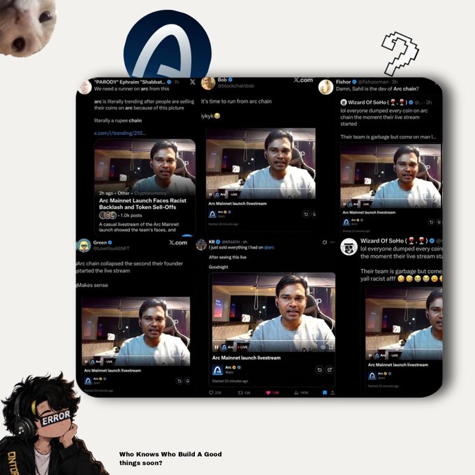 A collage of X.com (Twitter) screenshots showing live stream announcements for the 'Arc Mainnet launch,' with comments reacting to the event and an illustration of a person with headphones and an 'ERROR' sign in the corner.