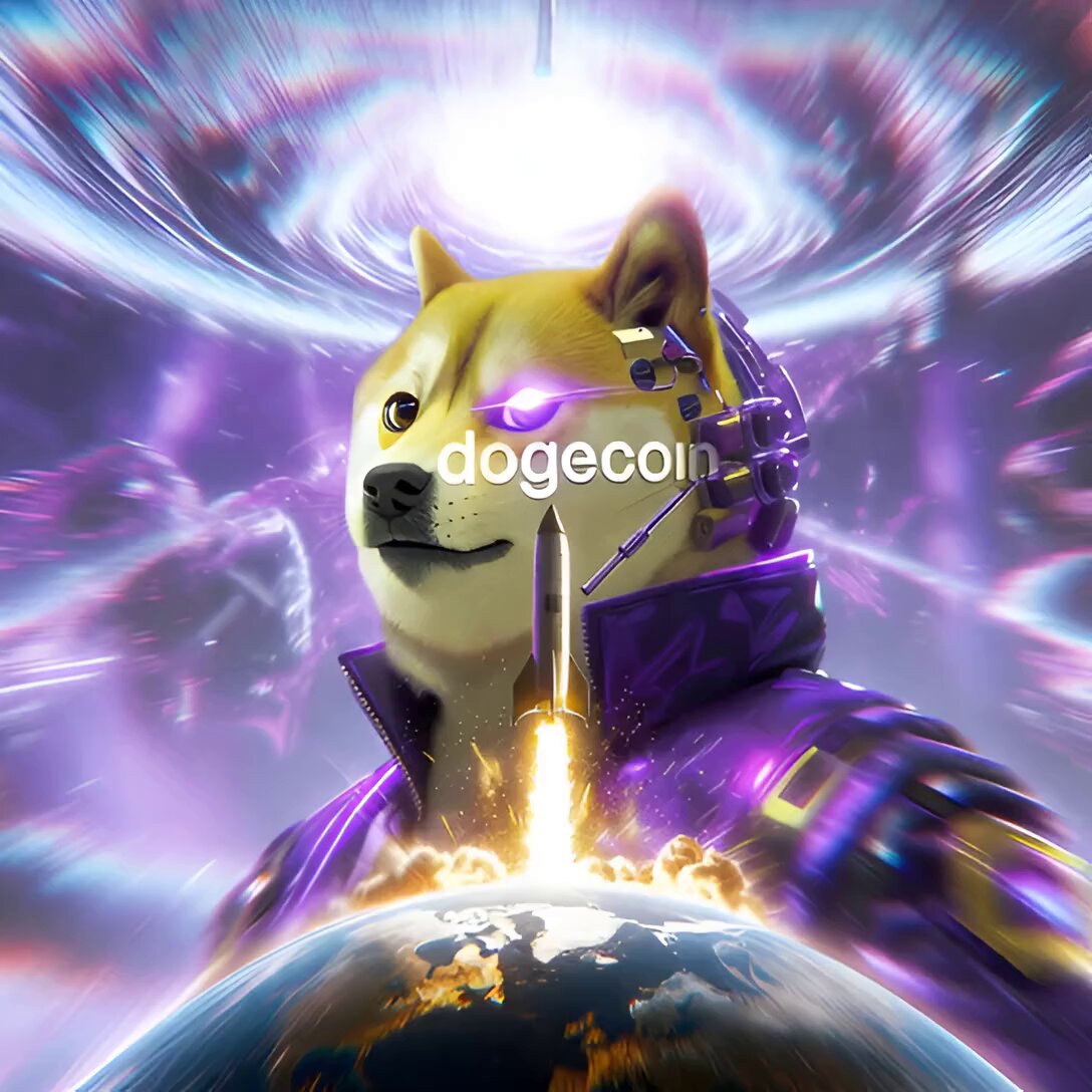 The image features a large, yellow-faced dog wearing a purple suit with "DOGE" written across its chest. The dog appears to be standing in front of a rocket ship that has just launched into space, with Earth visible in the background. The caption below the image reads "Dogecoin $DOGE".