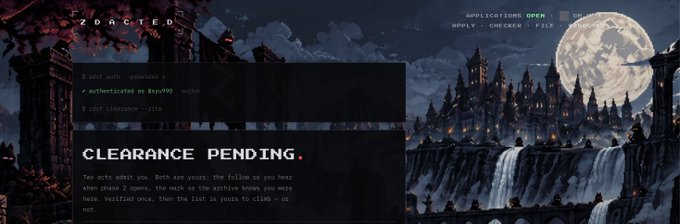 A dark-themed website titled 'CLEARANCE PENDING' featuring pixel art of a castle and waterfalls under a full moon, noting 'APPLICATIONS OPEN' and 'APPLY . CHECKS . FLAK'.