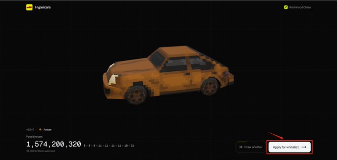 A voxel-style orange sedan car displayed on the Hypercars NFT platform, labeled "Hypercars" and "#0241 Amber," with a highlighted "Apply for whitelist" button and a price of 1,574,200,320 possible cars—promoting Robinhood Chain's whitelist process via hypercars.art or holding the specified Ethereum token.