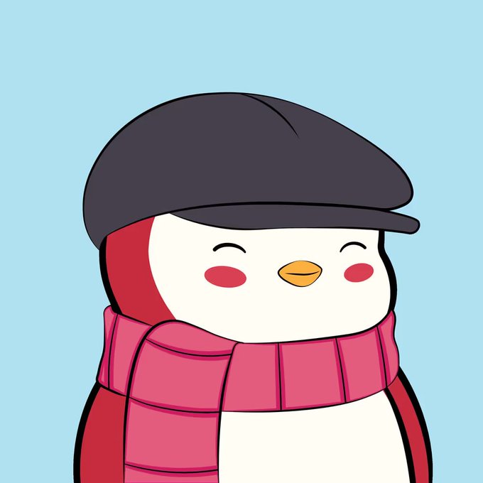 A cartoon illustration of a cute penguin character with rosy cheeks, wearing a dark gray newsboy cap and a pink scarf, against a light blue background.