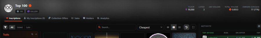 A screenshot of the Top 100 NFT project collection page on an Ordinals marketplace, showing a floor price of 90,000 and 24h volume of 0.0033, with 77 (77%) listed owners. The interface supports the described collection of 1/1 ordinals by ticklesnarf, displaying the "Cheapest" sorting filter and various collection tabs including Inscriptions, Collection Offers, Sales, and Holders.