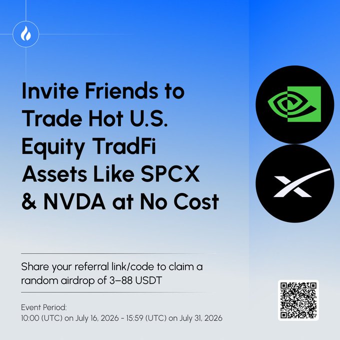 Promotional graphic for an HTX referral campaign offering fee-free trading of U.S. equities TradFi assets like $SPCX and $NVDA, with text stating "Invite Friends to Trade Hot U.S. Equity TradFi Assets Like SPCX & NVDA at No Cost," an event period of July 16–31, 2026, and a referral airdrop of 3–88 USDT, accompanied by HTX and NVIDIA logos and a QR code.