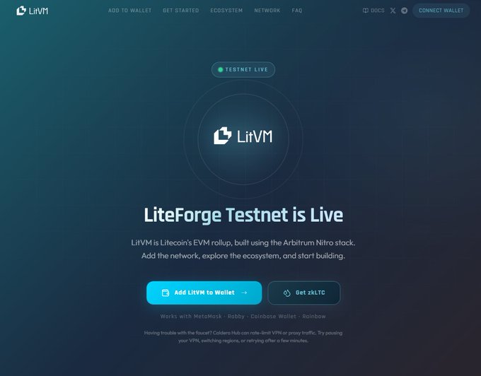 The LitVM website announces that the 'LiteForge Testnet is Live,' describing LitVM as Litecoin's EVM rollup built using the Arbitrum Nitro stack, with options to 'Add LitVM to Wallet' or 'Get zkLTC.'